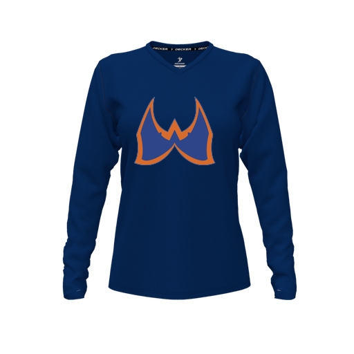[CUS-DFW-TEES-CMF-VNK-LSL-NVY-FYXS-LOGO1] Comfort T-Shirt (Female Youth XS, Navy, V Neck, Logo 1, Long Sleeve)